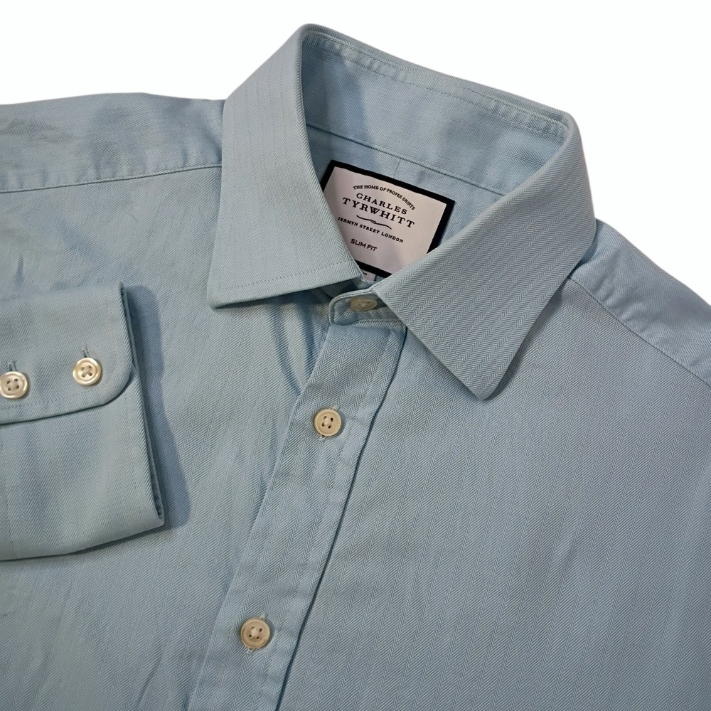 Charles‎ Tyrwhitt Shirt Mens 15/33 Blue Slim Fit Cotton Long Sleeve Dress Office